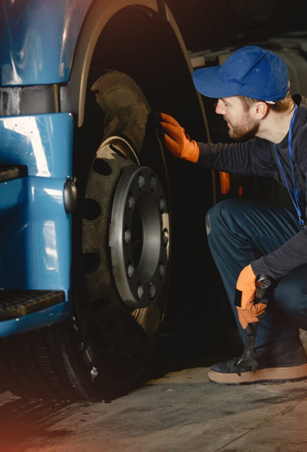 A young worker checks wheel. Truck malfunction. Service work.